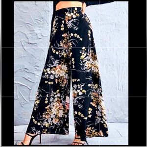 Floral Black Wide-Leg Women's Pants, Size Large, Tall